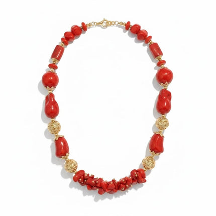 Tempo A Tempo statement necklace with red coral-effect resin beads and ornate gold-tone metal spheres for ceremonies.