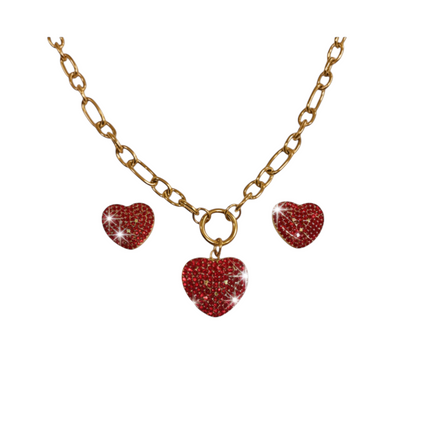 Tempo A Tempo gold-tone necklace and earrings set with red crystal heart pendants. Elegant and romantic.