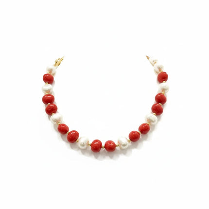 Tempo A Tempo necklace with alternating white and red shell powder pearls and gold-tone T-bar closure