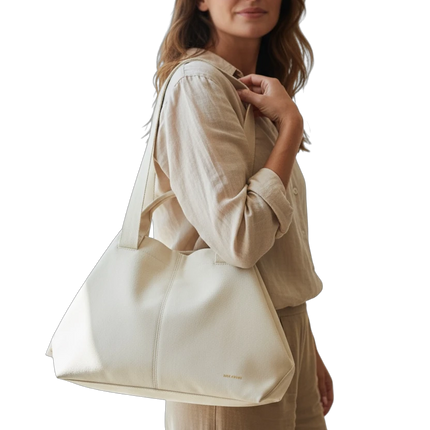 Tempo A Tempo Regina Schrecker beige faux leather shoulder bag worn by a woman in a matching linen outfit