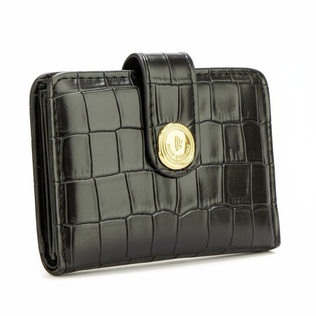 Tempo A Tempo Regina Schrecker black faux leather wallet with crocodile print and gold button closure