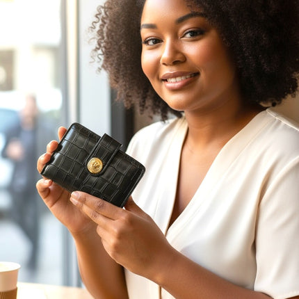 Tempo A Tempo Regina Schrecker black faux leather crocodile print wallet held by a smiling woman in a cafe