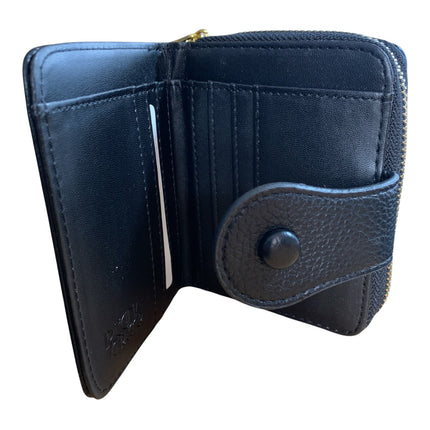 Tempo A Tempo Regina Schrecker black leather women's wallet, open view showing card slots and snap button closure