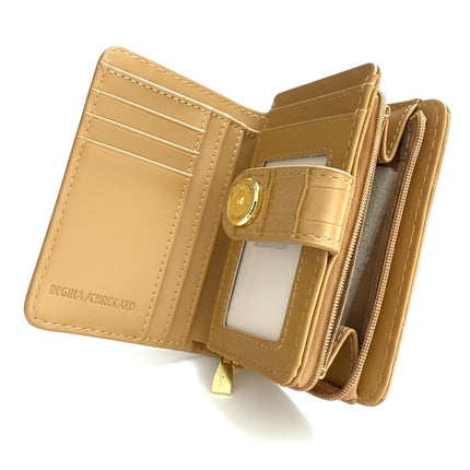 Tempo A Tempo Regina Schrecker camel faux leather wallet with crocodile print, card slots, and zip coin pocket.