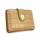Tempo A Tempo Regina Schrecker camel faux leather wallet with crocodile print and gold button closure