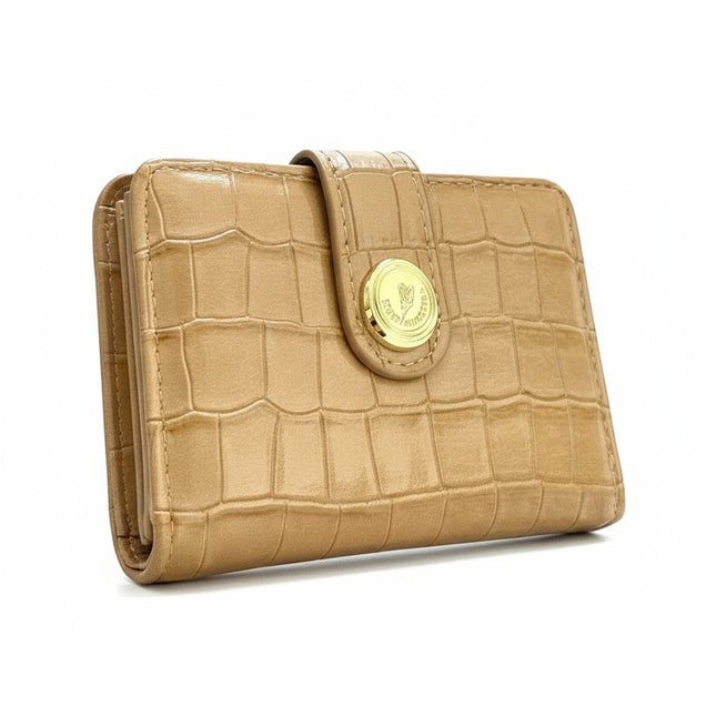 Tempo A Tempo Regina Schrecker camel faux leather wallet with crocodile print and gold button closure