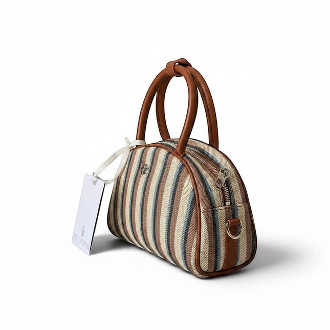 Tempo A Tempo Regina Schrecker dome mini bag in multicolor striped jacquard fabric with brown leather handles