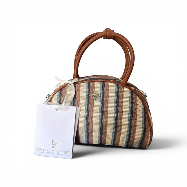 Tempo A Tempo Regina Schrecker dome mini bag in multicolor striped jacquard fabric with brown leather handles