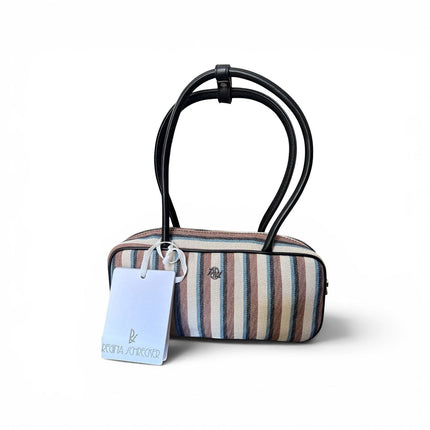 Tempo A Tempo Regina Schrecker multicolor striped fabric mini bag with black leather handles and zip closure.