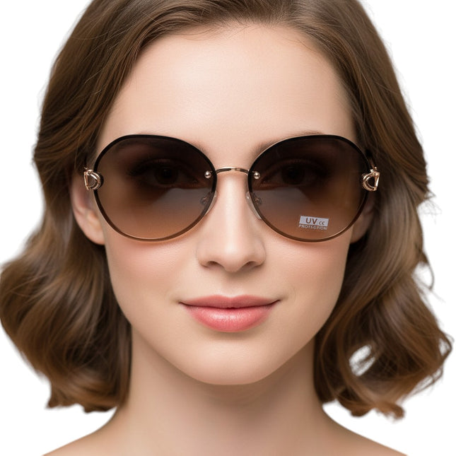 Tempo A Tempo women's oversized round semi-rimless sunglasses with rose gold metal frame and gradient brown UV protection lenses.
