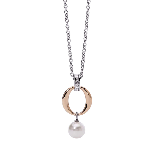 Tempo A Tempo 2Jewels necklace in rose gold PVD stainless steel featuring a circular pendant with a white pearl