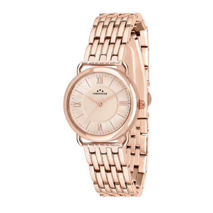 Tempo A Tempo women's rosé gold stainless steel quartz watch with Roman numerals and a 39x34mm case.