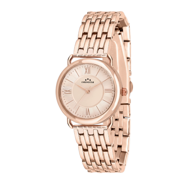 Tempo A Tempo women's rosé gold stainless steel quartz watch with Roman numerals and a 39x34mm case.