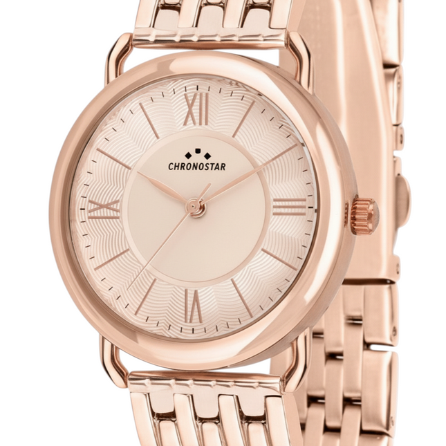 Tempo A Tempo women's rose gold stainless steel quartz watch with Roman numerals and a pale pink dial.
