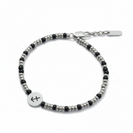 Tempo A Tempo men's silver and black beaded bracelet with Sagittarius zodiac symbol charm. Adjustable clasp.