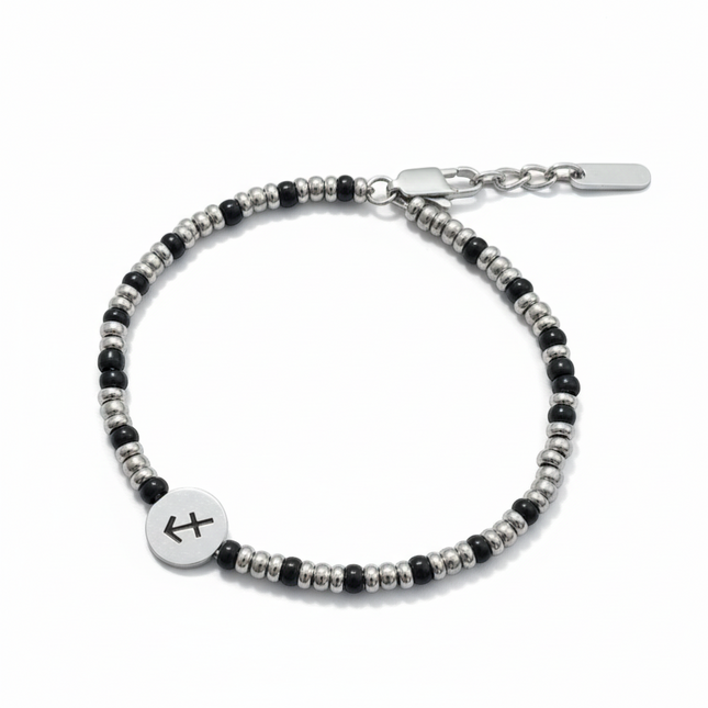 Tempo A Tempo men's silver and black beaded bracelet with Sagittarius zodiac symbol charm. Adjustable clasp.