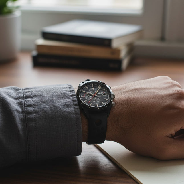 Tempo A Tempo men's black PVD stainless steel chronograph watch with black leather strap and black dial, 10ATM water resistance.