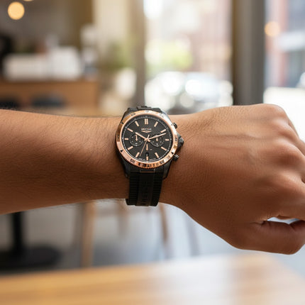 Tempo A Tempo men's black chronograph watch with rose gold accents, 45mm case, and black silicone strap.