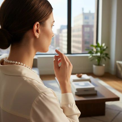Tempo A Tempo Shelly glass pearl choker necklace with zirconia worn by a woman in a bright modern apartment