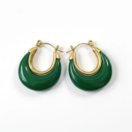 Tempo A Tempo Shelly dangling earrings in gold-tone steel with vibrant green resin crescent accents and hook closure.