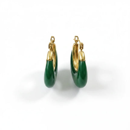 Tempo A Tempo Shelly dangling earrings in gold-tone steel with dark green resin, featuring a classic hook closure.