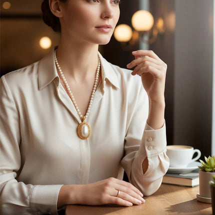 Tempo A Tempo Shelly pearl necklace with a gold oval rhinestone pendant worn by a woman in a cream silk blouse