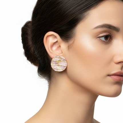 Tempo A Tempo Shelly Accessories round abstract earrings in rose gold, pink, and white with a textured finish.