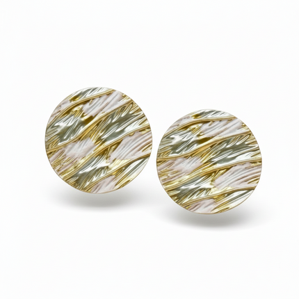 Tempo A Tempo Shelly round abstract earrings in gold, white, and green resin with gold-tone finish.