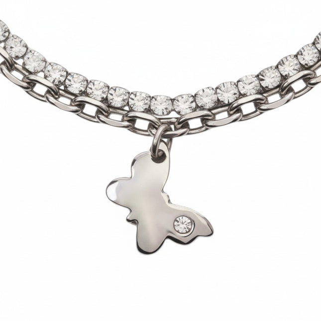 Tempo A Tempo silver-tone double strand bracelet with crystals and butterfly charm.