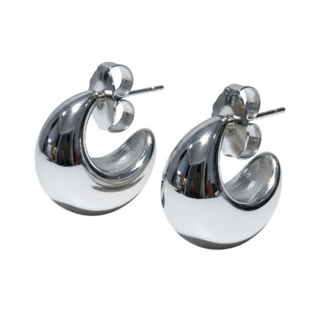 Tempo A Tempo silver chunky crescent moon hoop earrings, polished stainless steel, 2.5cm diameter, for women.
