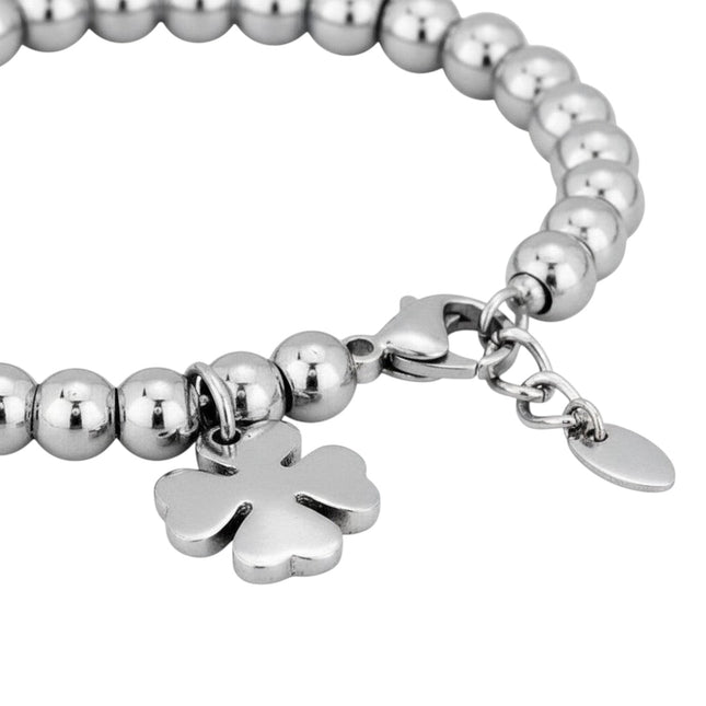 Tempo A Tempo silver-tone stainless steel beaded bracelet with a clover charm. Adjustable length with lobster clasp.