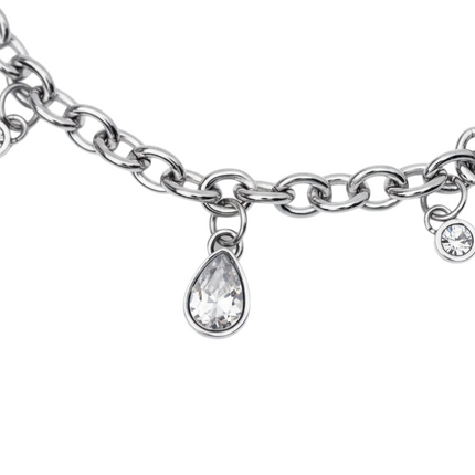 Tempo A Tempo silver-tone stainless steel bracelet with white crystal charms in teardrop and round shapes. Features a link chain and lobster clasp.