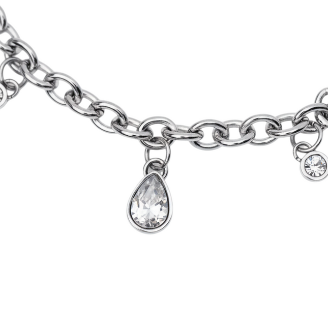 Tempo A Tempo silver-tone stainless steel bracelet with white crystal charms in teardrop and round shapes. Features a link chain and lobster clasp.