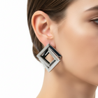 Tempo A Tempo silver stainless steel geometric double square drop earrings, 4cm.