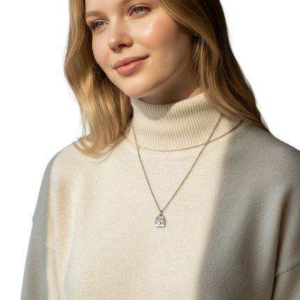 Tempo A Tempo silver-tone necklace with a handbag pendant adorned with white rhinestones, 50cm chain.
