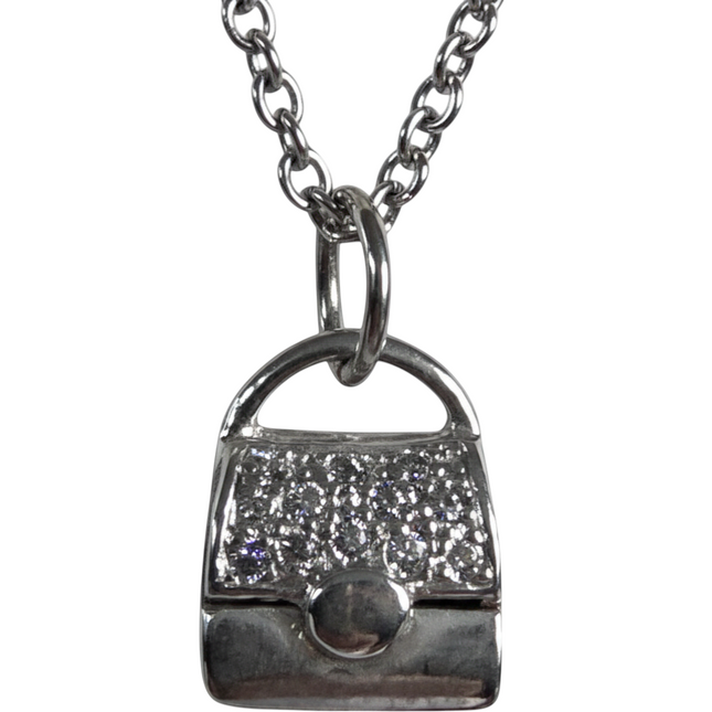 Tempo A Tempo silver-tone chain necklace with a handbag pendant adorned with white rhinestones. 50cm length.