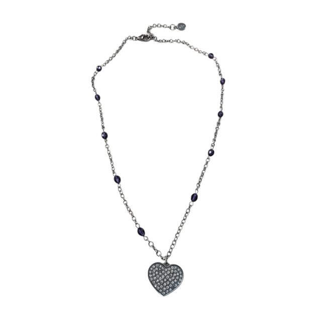 Tempo A Tempo silver-tone stainless steel necklace with heart pendant adorned with crystals and purple beads.