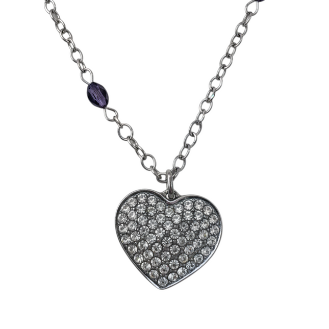 Tempo A Tempo silver-tone stainless steel necklace with heart pendant adorned with crystals and purple beads.
