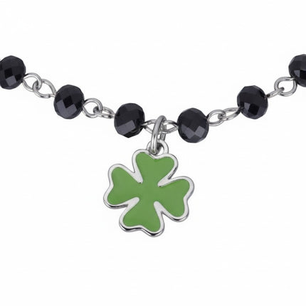 Tempo A Tempo silver bracelet with black glass beads and lucky charms: horseshoe, hand, clover, cornicello, and 'B'.