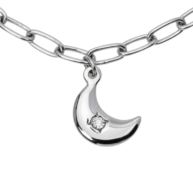 Tempo A Tempo silver-tone stainless steel chain bracelet with moon and star charms and white crystals.