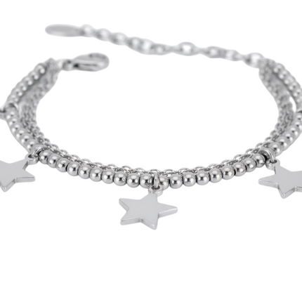 Tempo A Tempo silver-tone stainless steel double-strand bracelet with star charms and beaded accents.