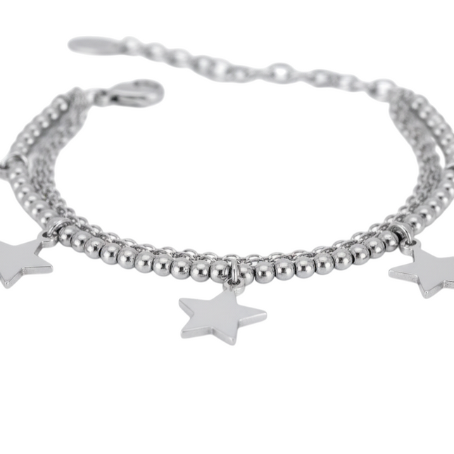 Tempo A Tempo silver-tone stainless steel double-strand bracelet with star charms and beaded accents.