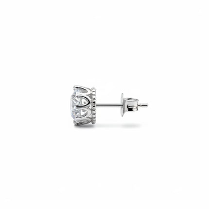 Tempo A Tempo 5mm sterling silver stud earrings with a clear faceted stone in a crown setting, side view.