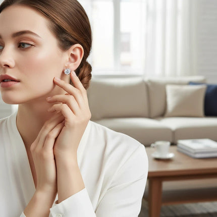 Tempo A Tempo 5mm sterling silver stud earrings with a clear faceted stone worn by a woman in a bright room