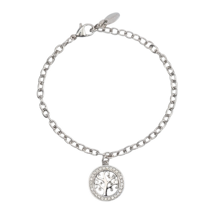 Tempo A Tempo silver-tone stainless steel bracelet with a circular tree of life charm adorned with clear crystals. Adjustable length.