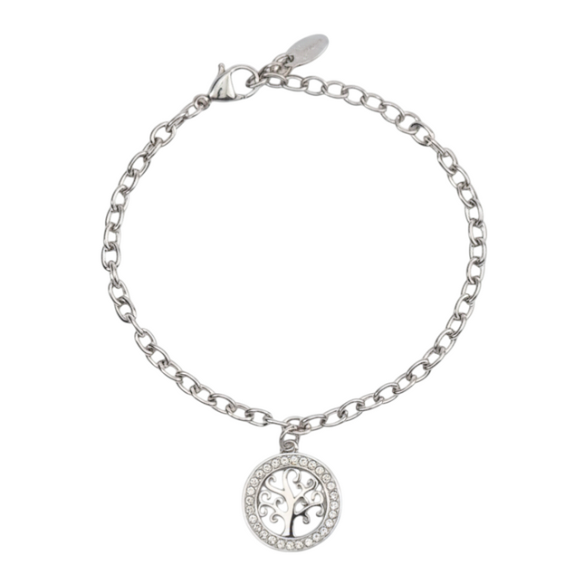 Tempo A Tempo silver-tone stainless steel bracelet with a circular tree of life charm adorned with clear crystals. Adjustable length.