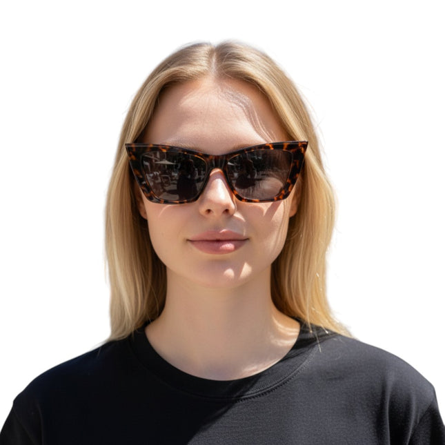 Tempo A Tempo women's angular cat-eye sunglasses with tortoise shell acetate frames and dark grey UV400 lenses.