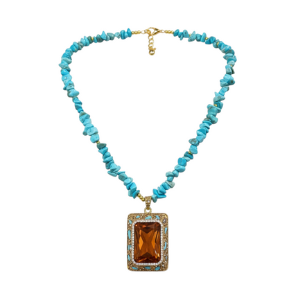 Tempo A Tempo turquoise chip necklace with rectangular amber crystal pendant and gold accents.
