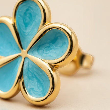 Tempo A Tempo Shelly 5-petal turquoise enamel flower stud earrings in gold metal, 2cm