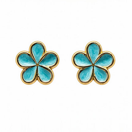 Tempo A Tempo Shelly turquoise enamel 5-petal flower stud earrings in gold-tone metal, 2cm